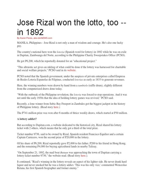 the lottery prize that rizal won|Short Biography of Jose Rizal, National Hero of the .